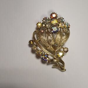 Coro Flower Pin brooch with colorful Rhinestones gold tone  jb